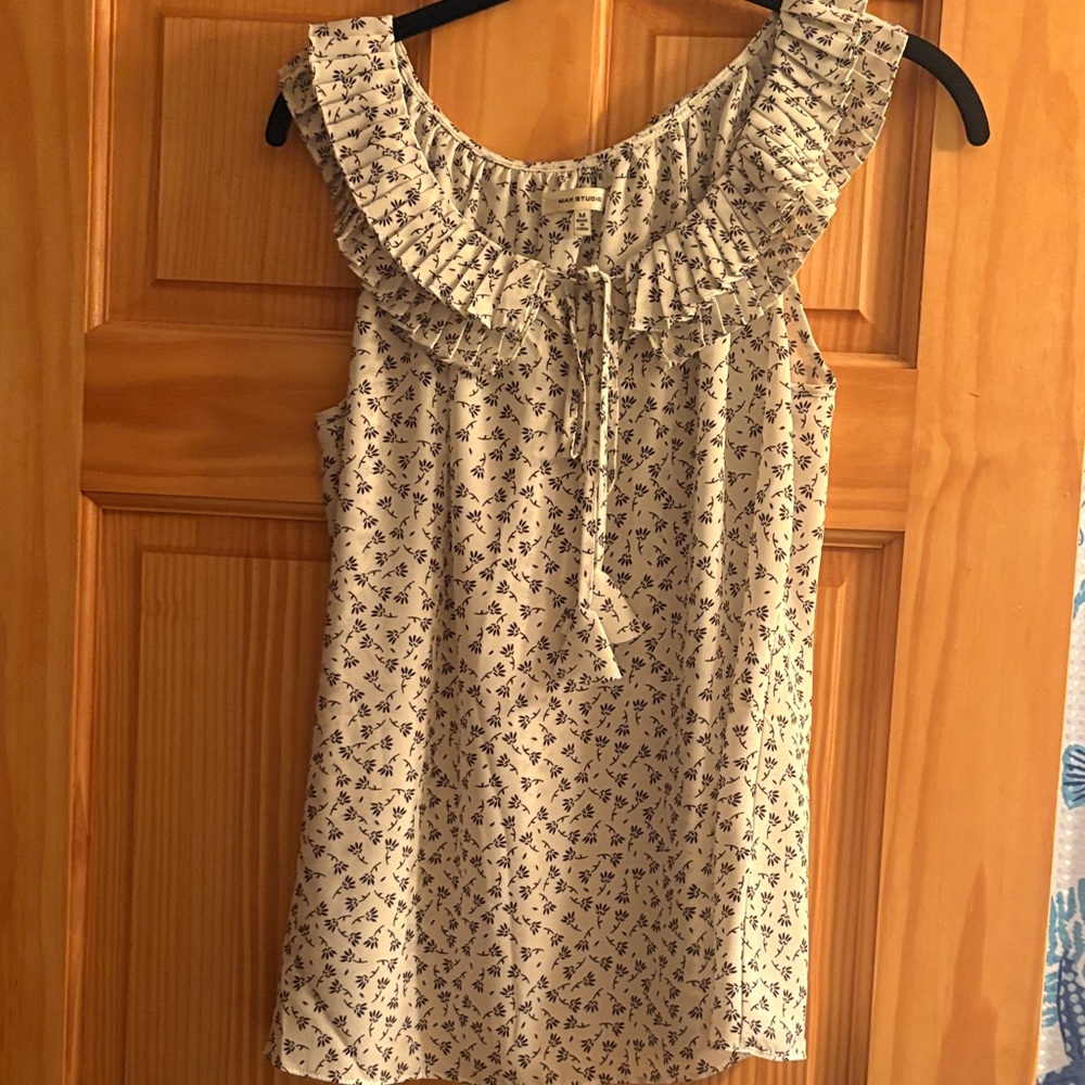 Max Studio Cream and Black Floral Ruffle Blouse